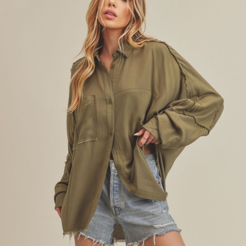 Essential Button Down Top with Side Pocket and Oversized Fit Sizes S - L Olive
